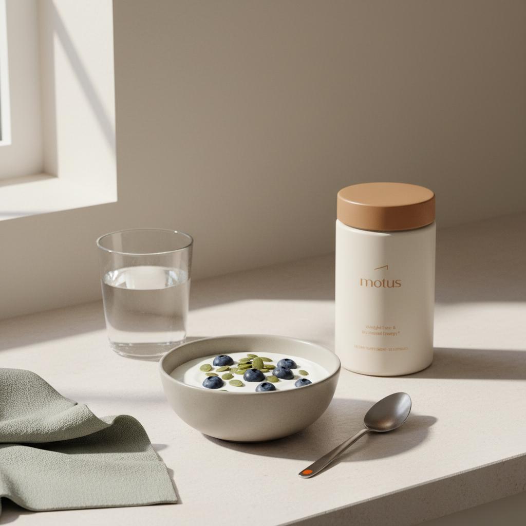 Minimalist kitchen counter with yogurt topped with pumpkin seeds and blueberries, a glass of water and Tonum Motus container at the side, promoting a magnesium snack for sugar cravings.