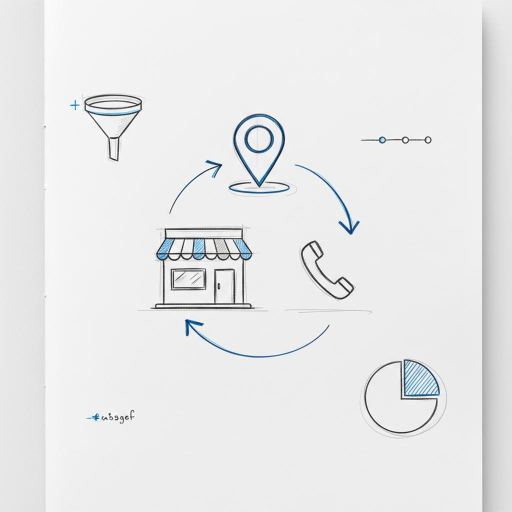 Notebook-style sketch of a storefront silhouette, phone icon and map pin connected by arrows, illustrating Google Business Profile setup and local listing flow.