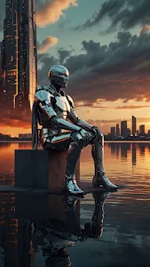 Reflective Robot Sitting on Block by Water at Sunset