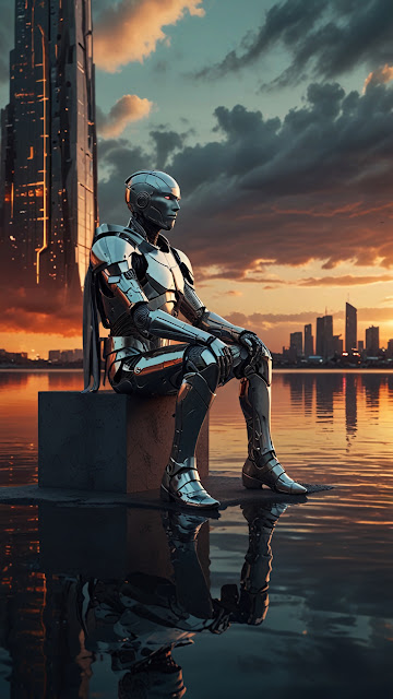 Reflective Robot Sitting on Block by Water at Sunset - Free mobile Wallpaper