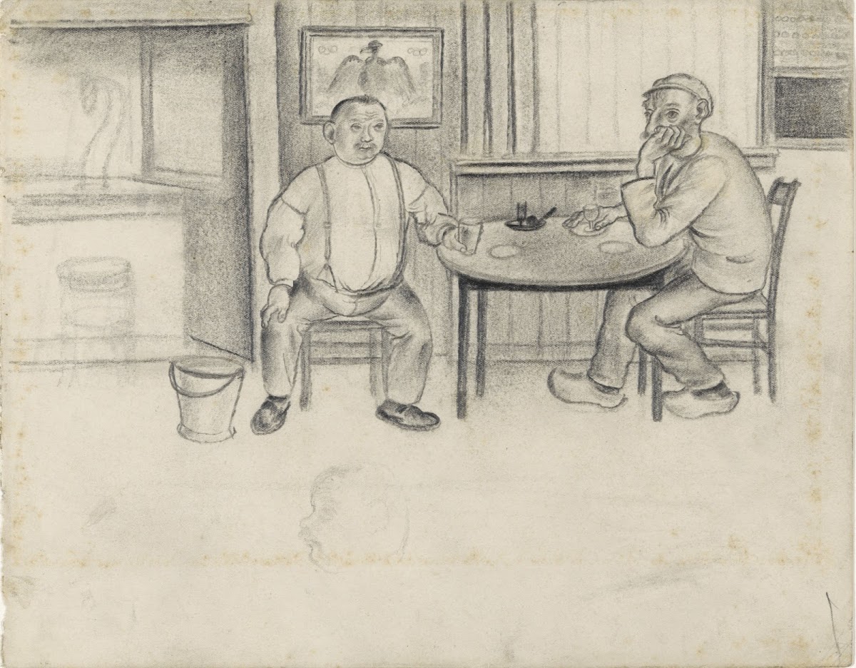 Schetsboekblad met een interieur met twee mannen aan een tafel 1913 1936
