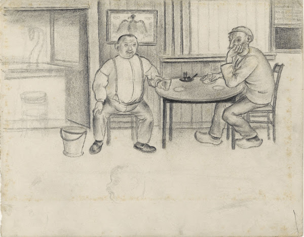 Schetsboekblad met een interieur met twee mannen aan een tafel 1913 1936