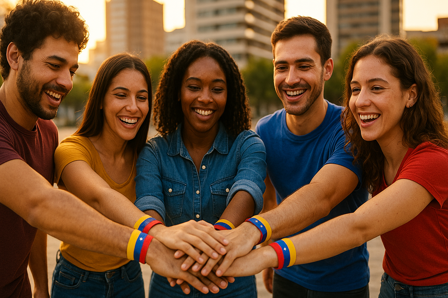 Manos de venezolanos unidas en círculo en una plaza urbana, gesto de unión
