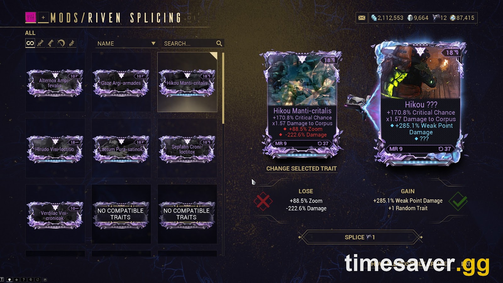 The Riven Splicing menu in the Mod Segment, comparing two Rivens and showing which traits will be lost and gained with the SPLICE button
