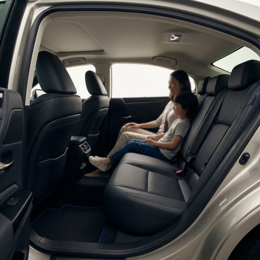 Rear legroom of Lexus ES 350 interior with family silhouette emphasizing passenger comfort used lexus for sale