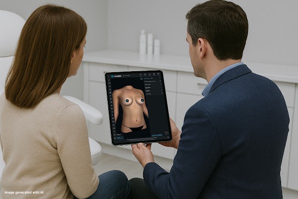 Un médecin montrant à une patiente une simulation mammaire 3D sur une tablette en orientation portrait lors d’une consultation en chirurgie esthétique utilisant le logiciel Crisalix.