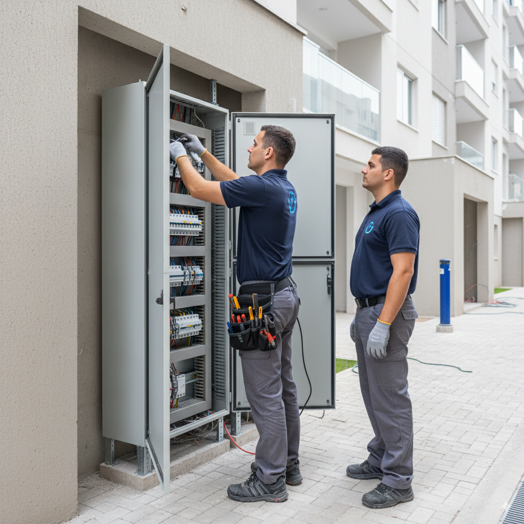 eletricista de costas em serviço com uniforme e logo HS Elétrica