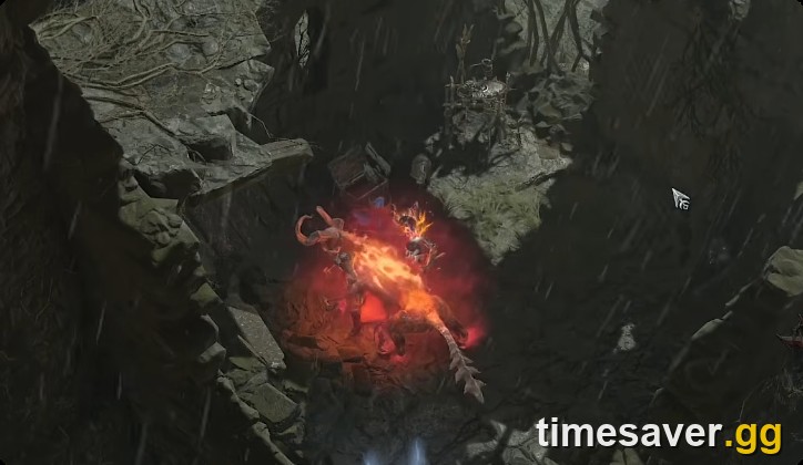 A flaming Prime Evil in a rain-soaked ruin during the Echo of Tristram pinnacle fight in Diablo 4 Season 15