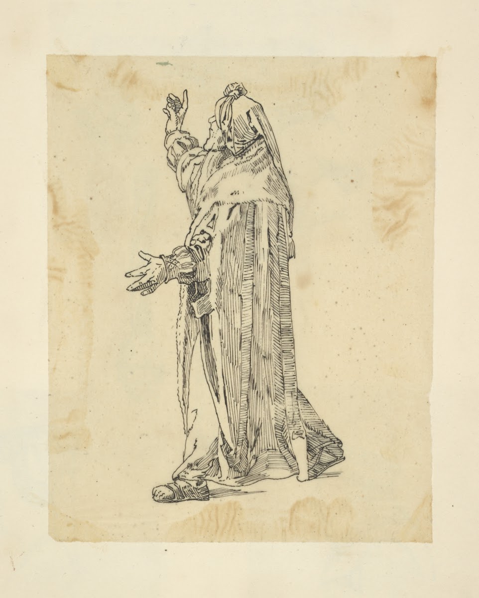 Man in robe and hood gesturing 1840