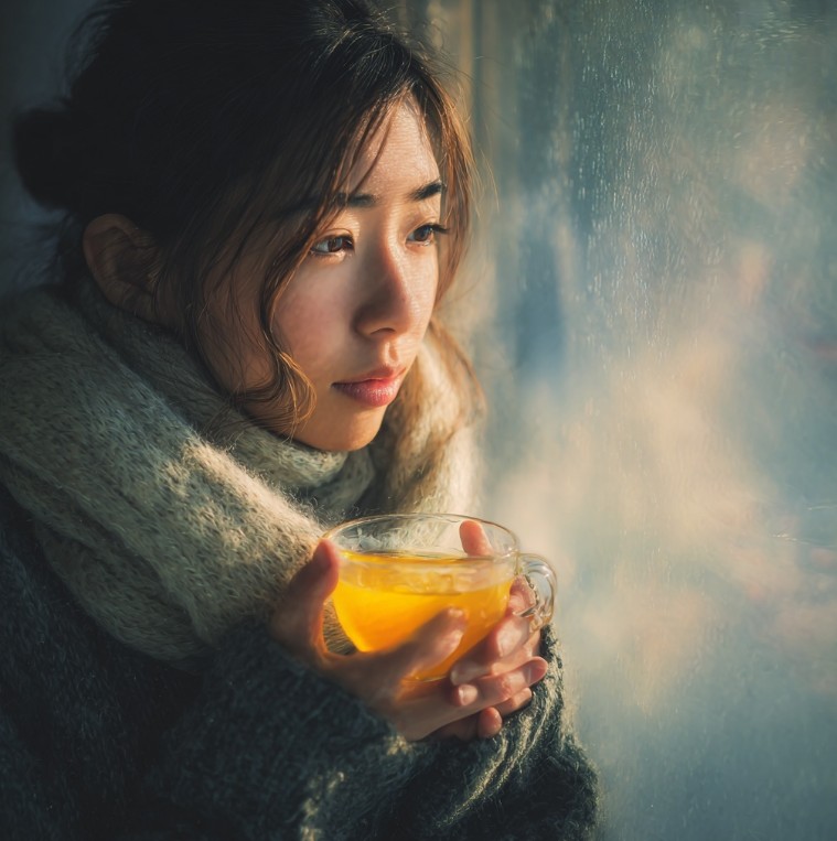 겨울철 창가에서 유자차를 마시는 모습