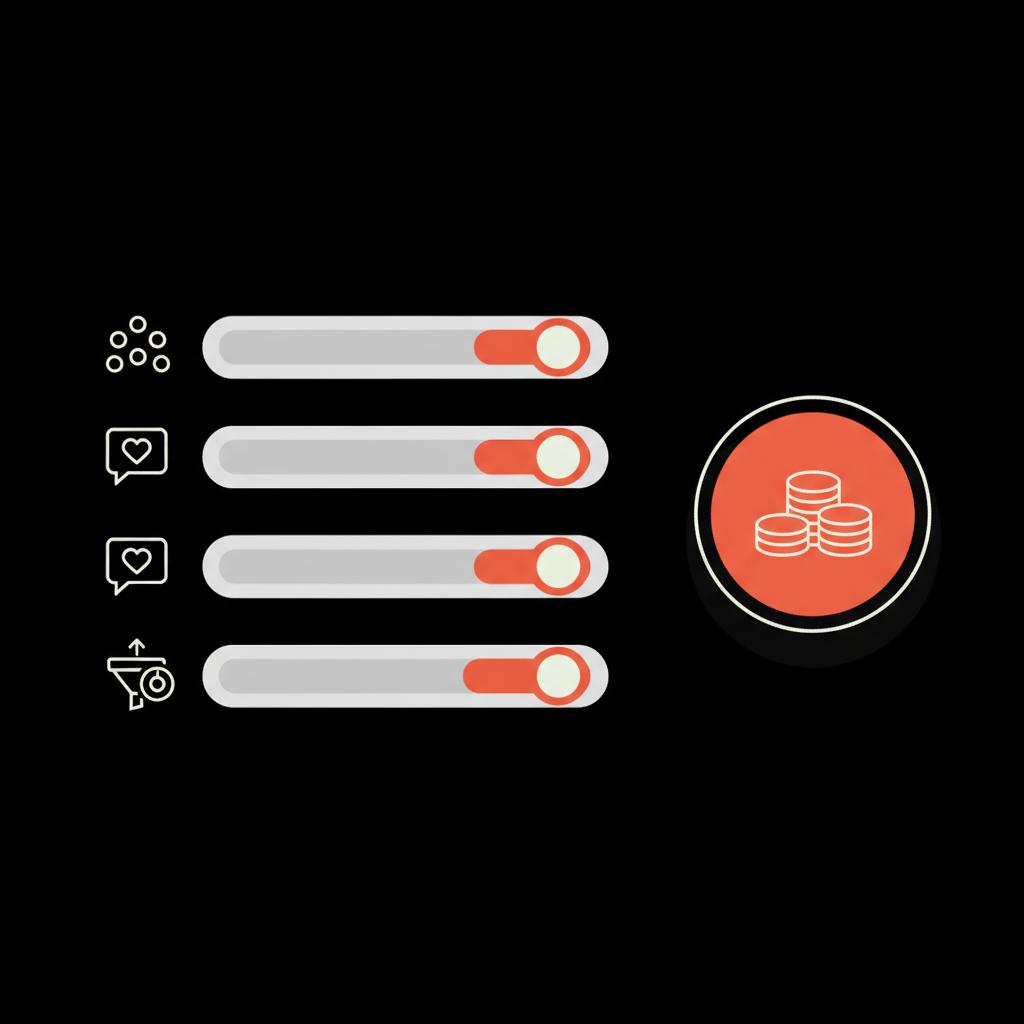 Minimal vector cost-per-lead calculator infographic with three icon-linked sliders and an accented result badge, designed for a paid magazine feature.