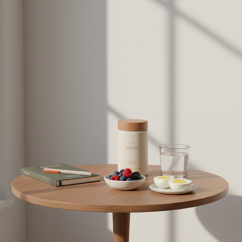 Tonum Motus bottle on a wooden table with glass of water, notebook, pen, bowl of berries and egg illustrating what do functional nutritionists do in practical weight-loss routines
