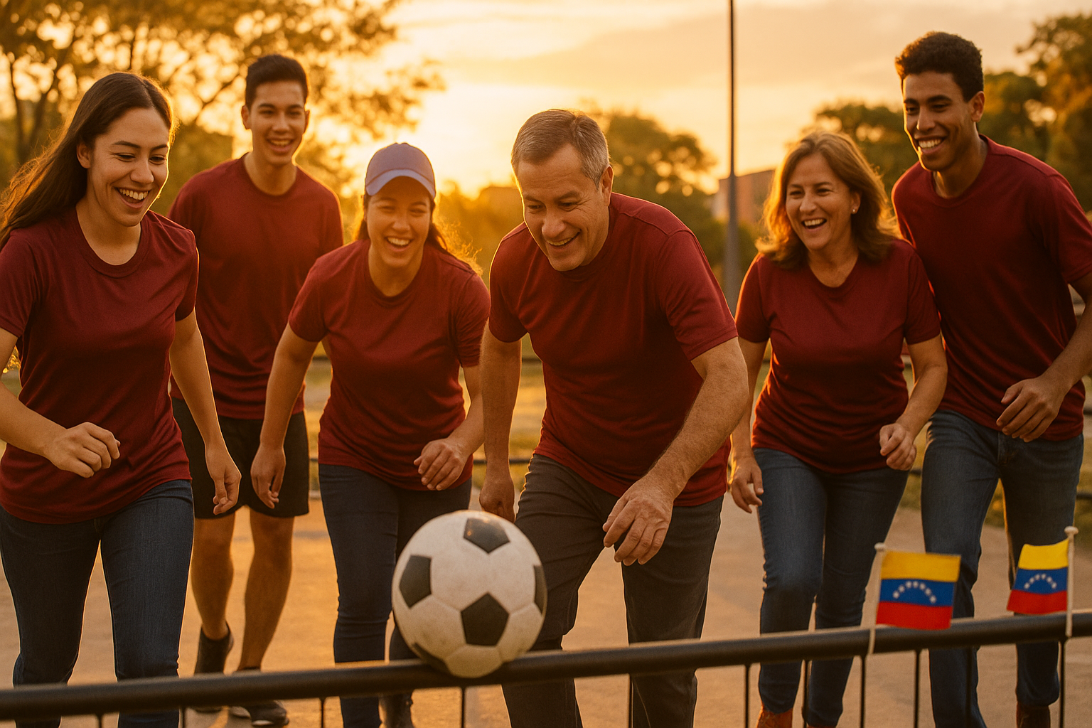 Venezolanos con camisetas vinotinto jugando fútbol en parque urbano al atardecer