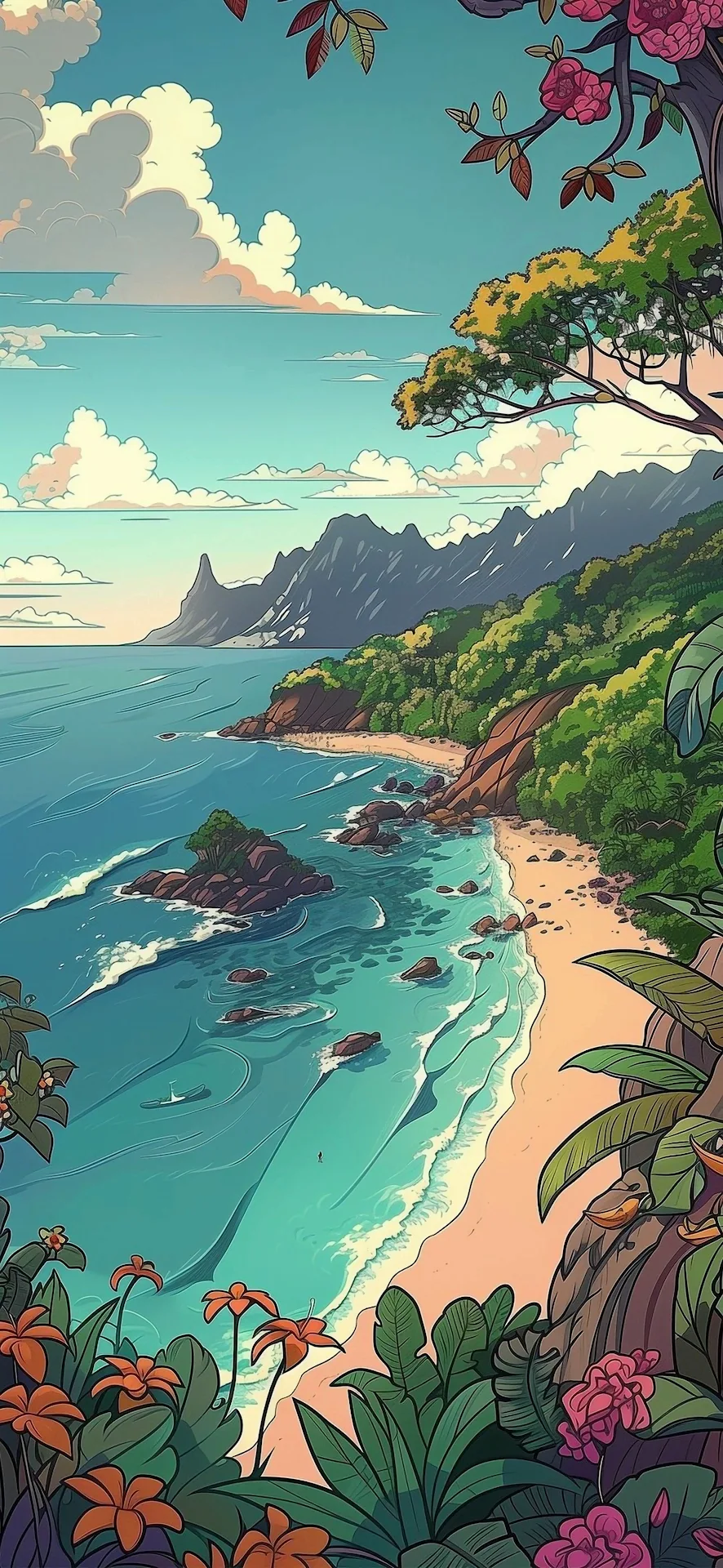 Vibrant Tropical Beach Cove Illustration, Turquoise Ocean View - Free 4K mobile Wallpaper