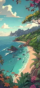 Vibrant Tropical Beach Cove Illustration, Turquoise Ocean View