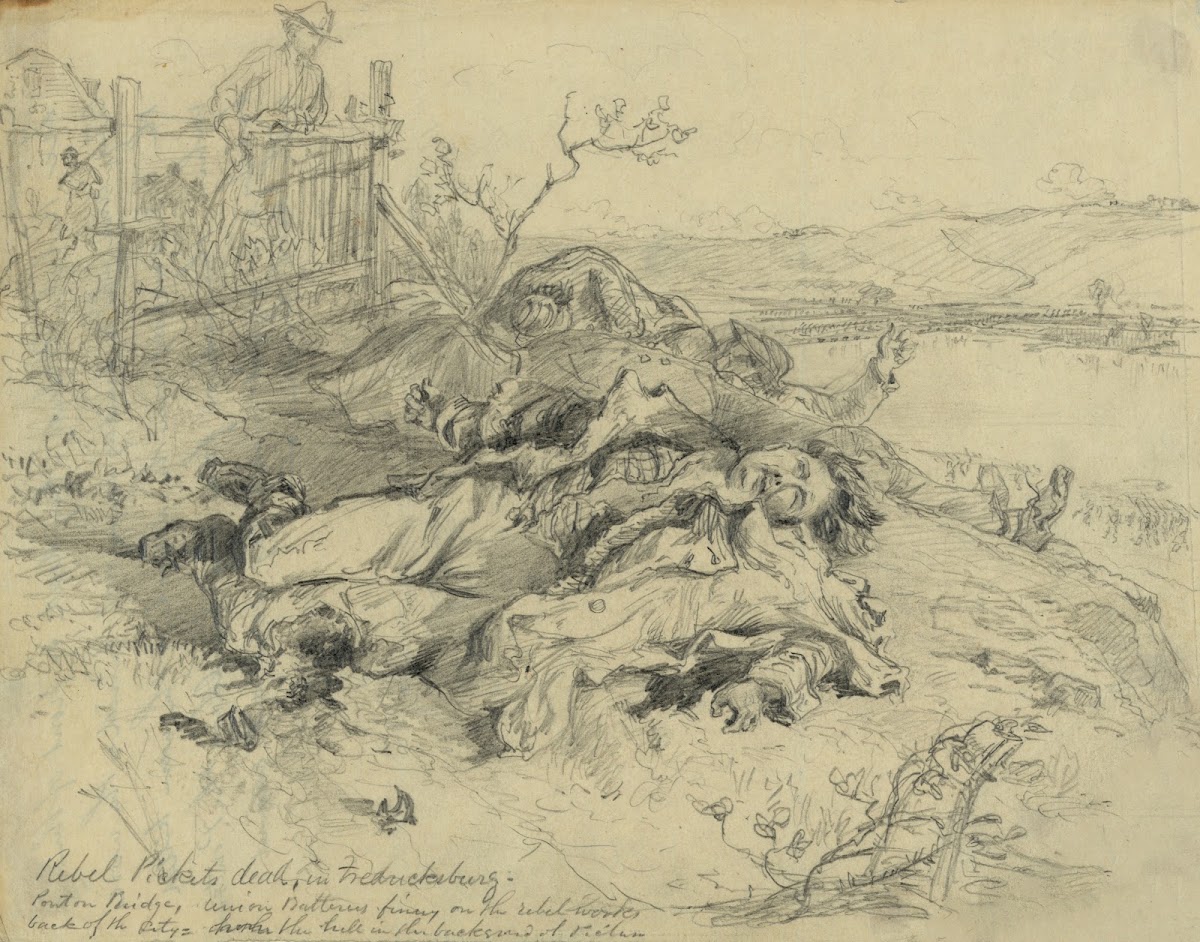 Rebel pickets dead in Fredericksburg Pontoon bridge Union batteries firing on th