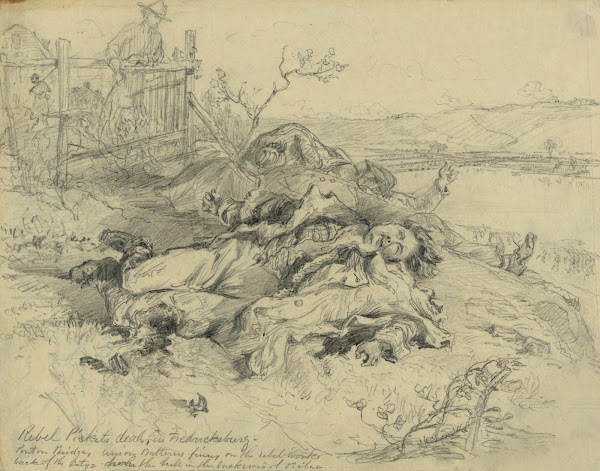 Rebel pickets dead in Fredericksburg Pontoon bridge Union batteries firing on th