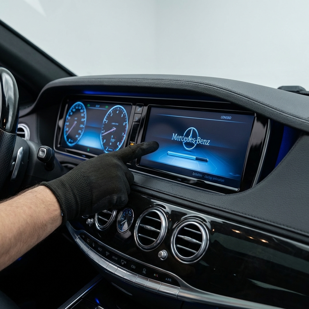 Close up of Mercedes instrument cluster and COMAND display during startup with mechanic pointing at the screen used mercedes for sale