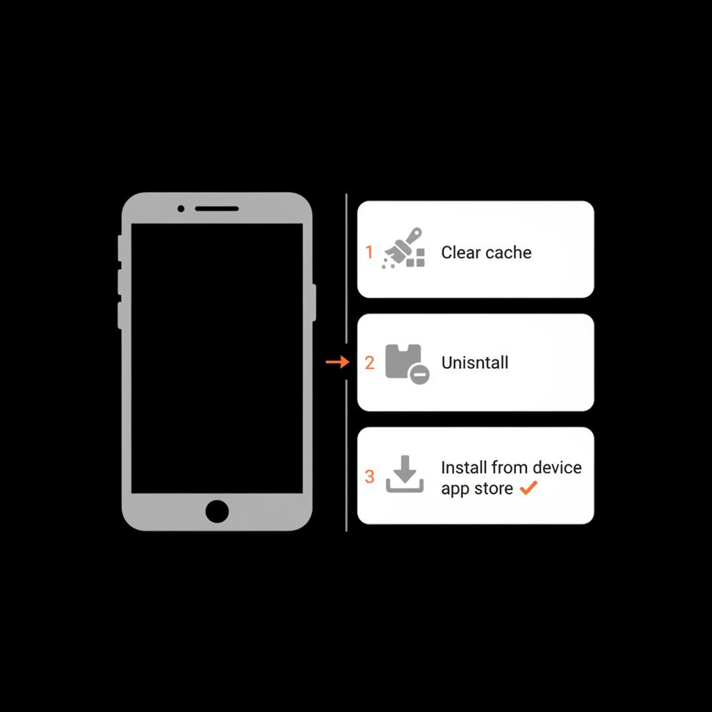 Minimal vector infographic of an Android phone silhouette with three step icons for Clear Cache, Uninstall, and Install from device app store to reinstall facebook app, black-gray-orange palette.