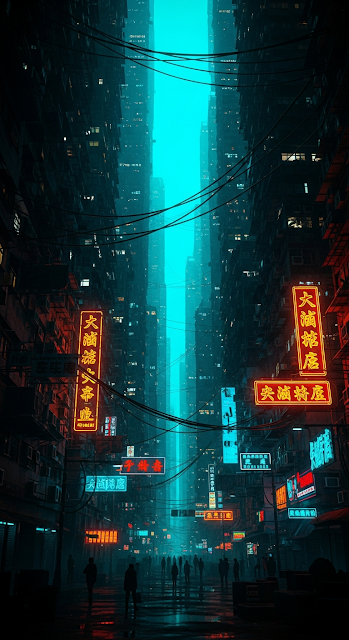 Gritty Cyberpunk City Alley with Neon Signs and Teal Glow - Free mobile Wallpaper