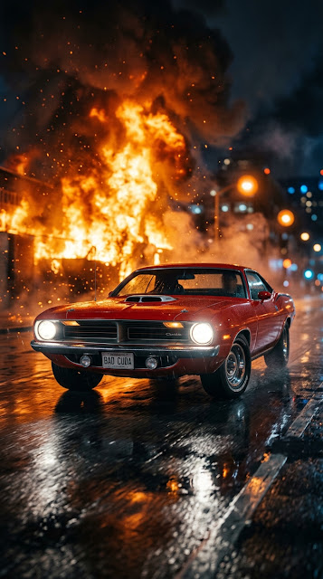 Cinematic Shot of a Red Muscle Car on a Wet City Street with Flames - Free mobile Wallpaper