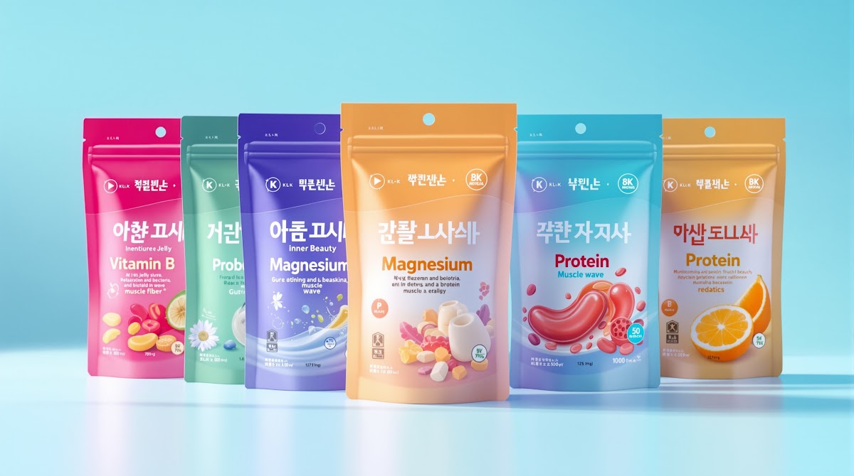 여러 개의 젤리영양제추천 제품 패키지들이 성분별로 구분되어 있고, 각 패키지 옆에는 비타민B, 마그네슘, 유산균, 단백질, 이너뷰티 등 주요 기능성 성분과 효능이 아이콘 및 그래픽으로 시각적으로 정리되어 있음