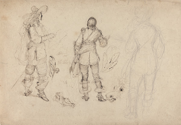 Page of Sketches of Cavaliers Horses Head and Plumes ca 1839