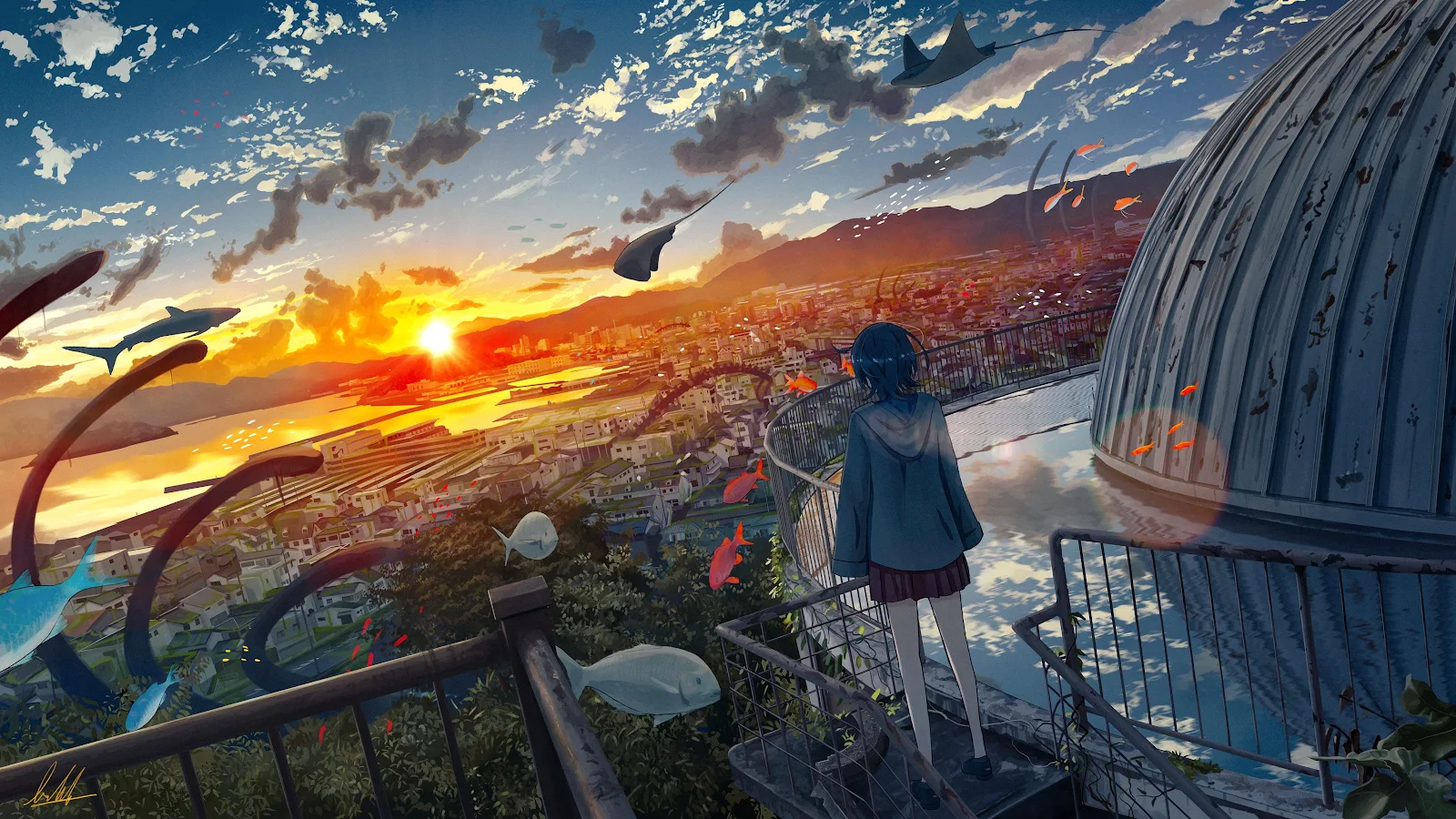 Anime Girl Watching Flying Fish - Anime Illustration 4K Wallpaper (4500x2532)
