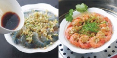 Rưới đều nước tương lên tôm và miến. Sau đó cho vào nồi hấp cách thủy trong vòng 8-9 phút thì lấy ra, rắc đều hành ngò lên cho thêm phần đẹp mắt và thưởng thức món miến trộn tôm thôi nào!
