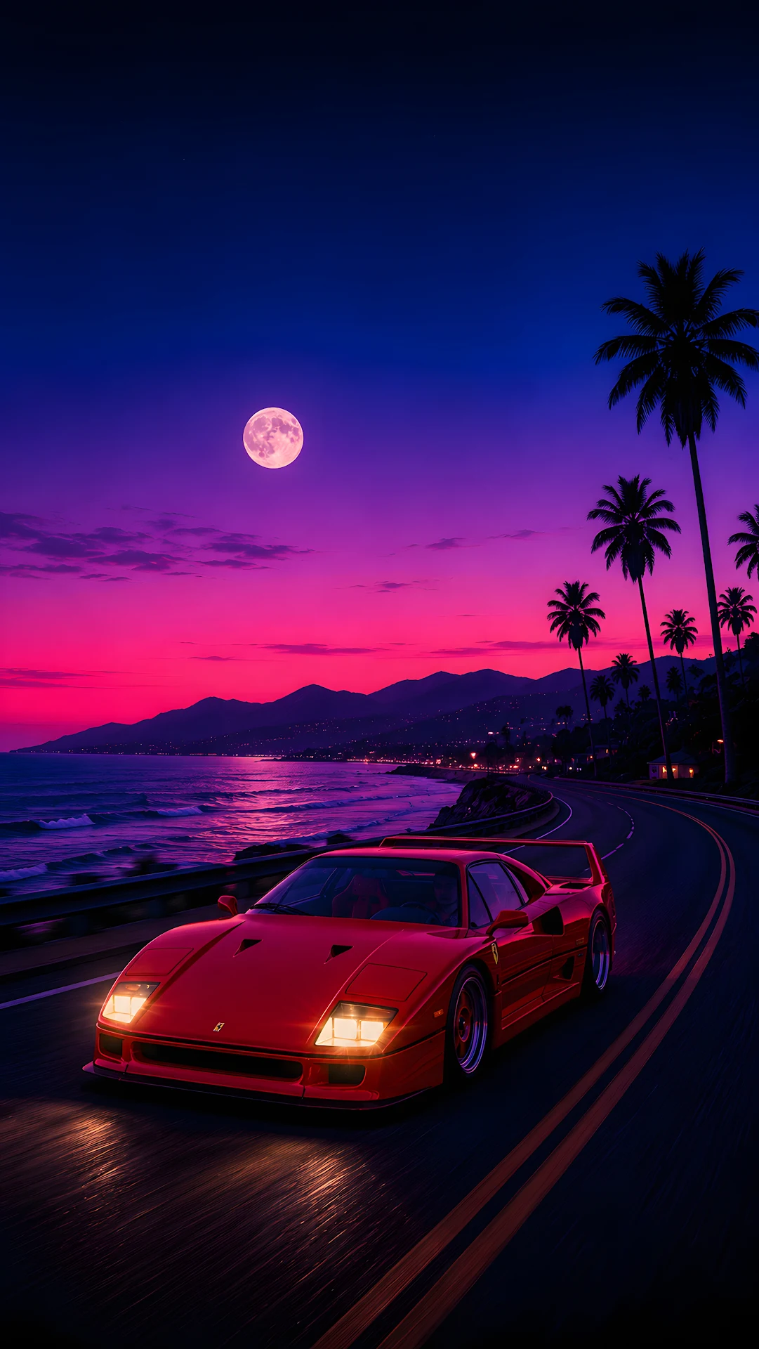 Retro Synthwave Sports Car Coastal Sunset Wallpaper - Free 4K mobile Wallpaper