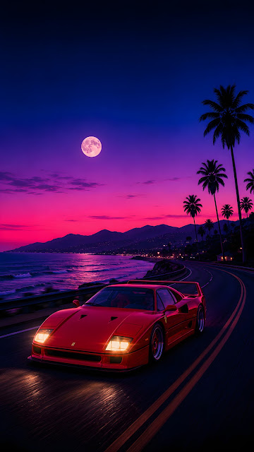 Retro Synthwave Sports Car Coastal Sunset Wallpaper - Free mobile Wallpaper