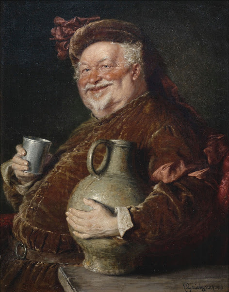 Falstaff at the table with a wine jug and pewter cup 1910