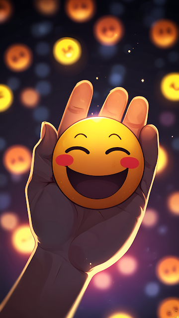 Hand Holding Smiling Emoji Amid Glowing Bokeh Lights - Free mobile Wallpaper