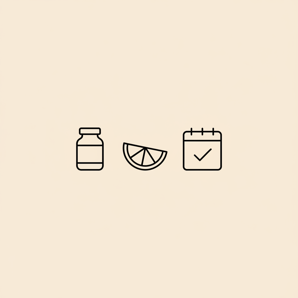 Minimal Tonum-style line illustration of a pill bottle, orange wedge and calendar with checkmark on beige background, representing a bariatric multivitamin routine.