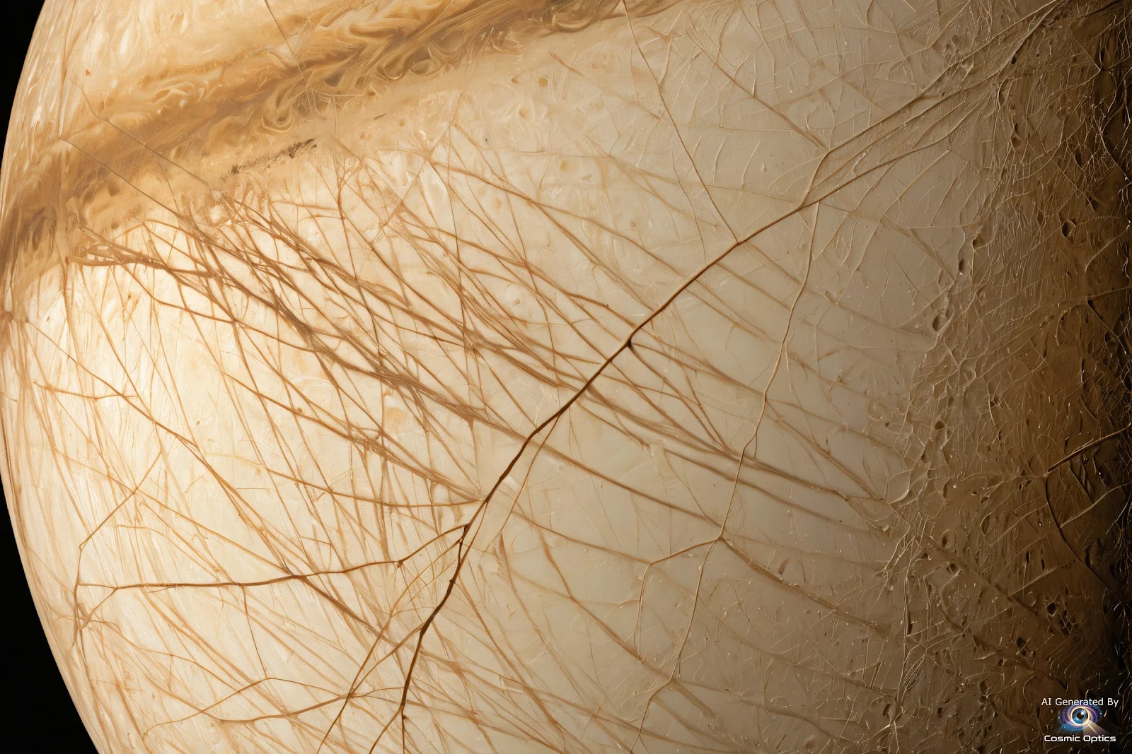An authentic, photorealistic astronomical photograph of Jupiter's moon Europa in deep space. A highl_00016