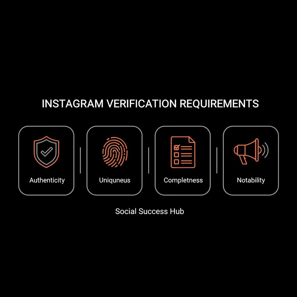 Dark minimalist infographic with four pillars—Authenticity, Uniqueness, Completeness, Notability—visualizing Instagram verification requirements with vector icons and a clean layout.