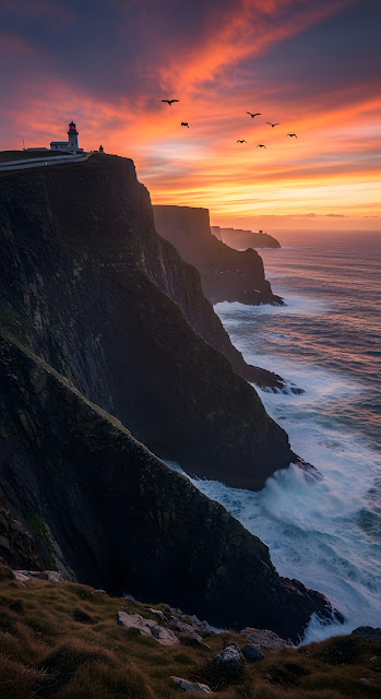 Dramatic Lighthouse on Coastal Cliffs at Vibrant Sunset - Free mobile Wallpaper
