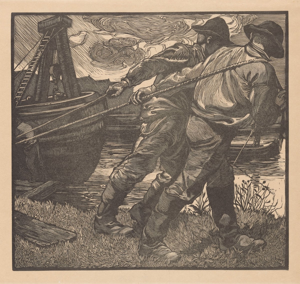 Arbeiders met touwen op oever 1881 1934