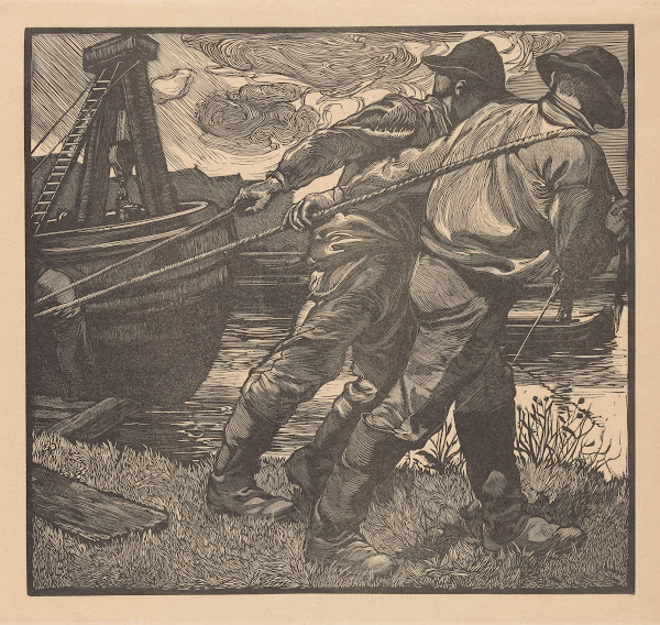 Arbeiders met touwen op oever 1881 1934
