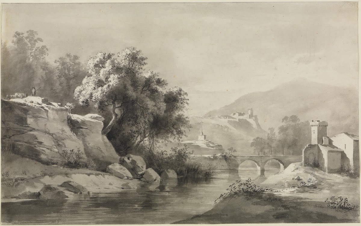 Flusslandschaft mit Doppelbogenbrücke und Kreuz 1795