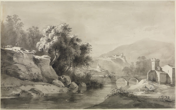 Flusslandschaft mit Doppelbogenbrücke und Kreuz 1795