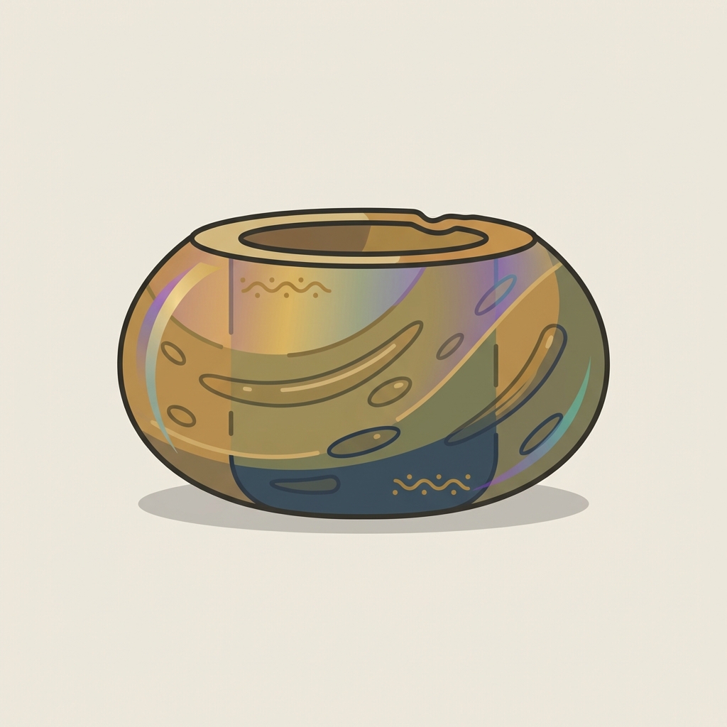Minimal 2D vector side on macro of a roman glass jewelry bead showing uneven wall thickness elongated seed bubbles and a subtle iridescent sheen on a warm beige background