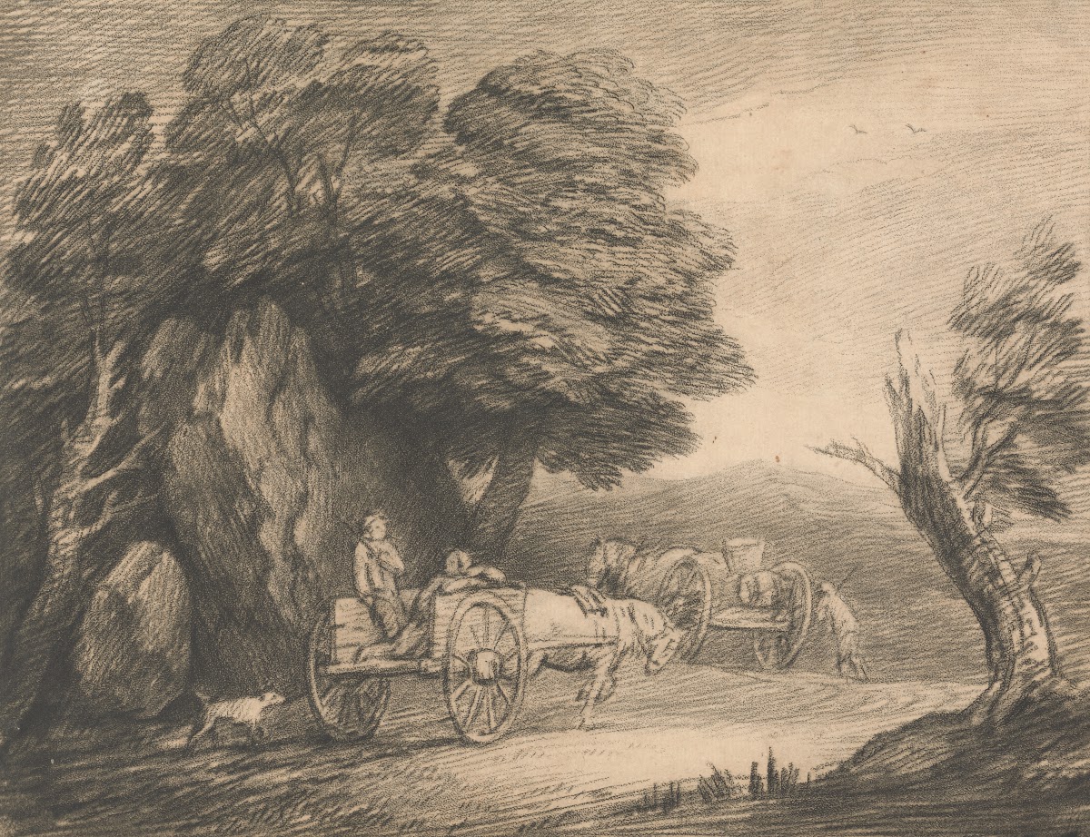 Wooded Landscape with Two Country Carts and Figures c 1779 1780
