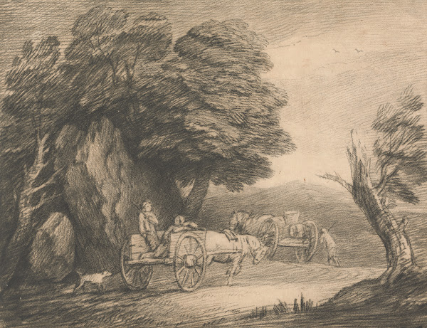 Wooded Landscape with Two Country Carts and Figures c 1779 1780