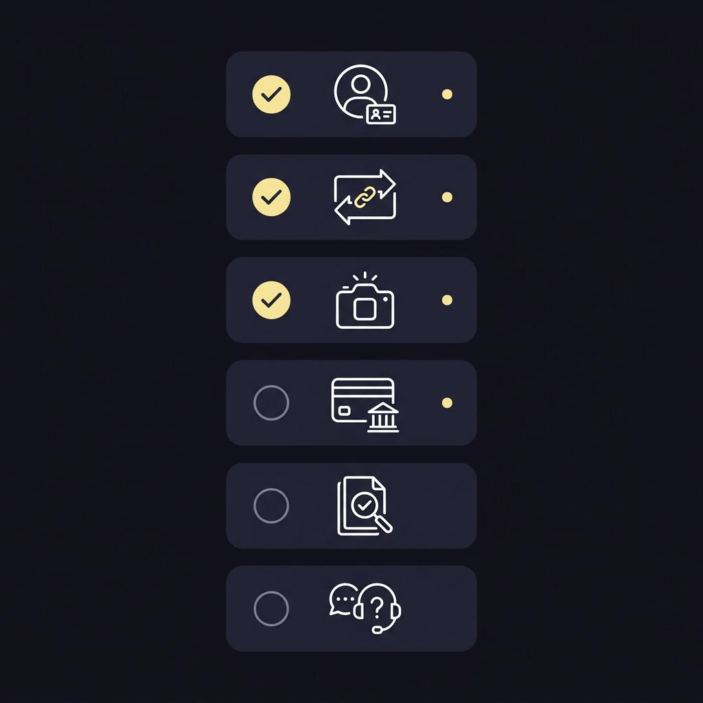 Minimalist Funded Plays 2D vector checklist infographic with six icon based items for account ID transaction ID screenshot bank details verification documents and support contact mentioning betnow phone number