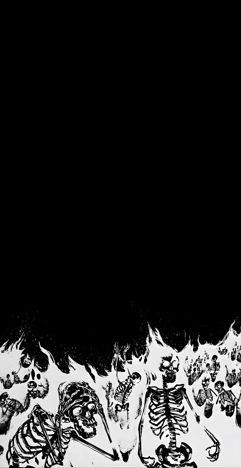 Skeletons Emerging In Black Fire - Blackwork Illustration 2K iPhone Wallpaper (2110x4096)