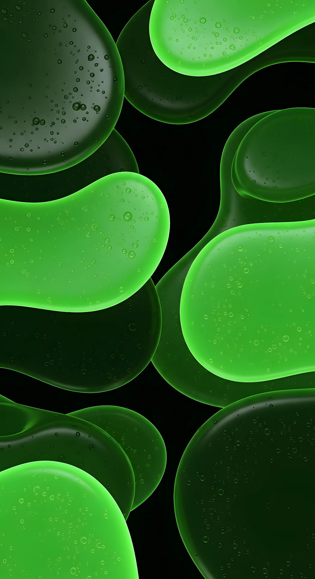 Abstract Green Amoeba Shapes with Water Droplets on Black - Free 4K mobile Wallpaper