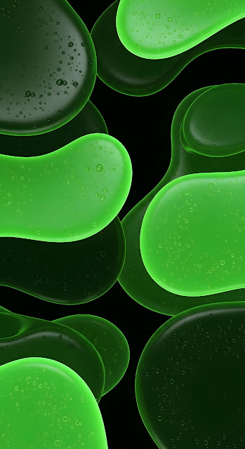 Abstract Green Amoeba Shapes with Water Droplets on Black - Free mobile Wallpaper