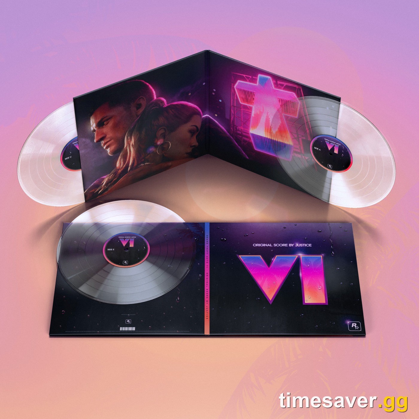 Grand Theft Auto VI Original Score by Justice triple crystal clear vinyl in an open gatefold showing Jason and Lucia and the Justice cross