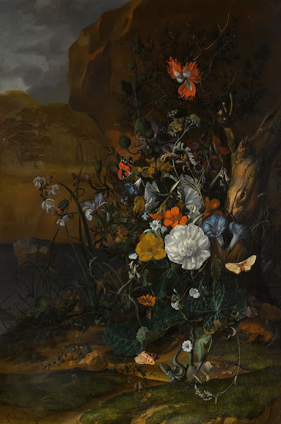 Still life of flowerswith butterflies insects a lizard and toads beside a pool 1